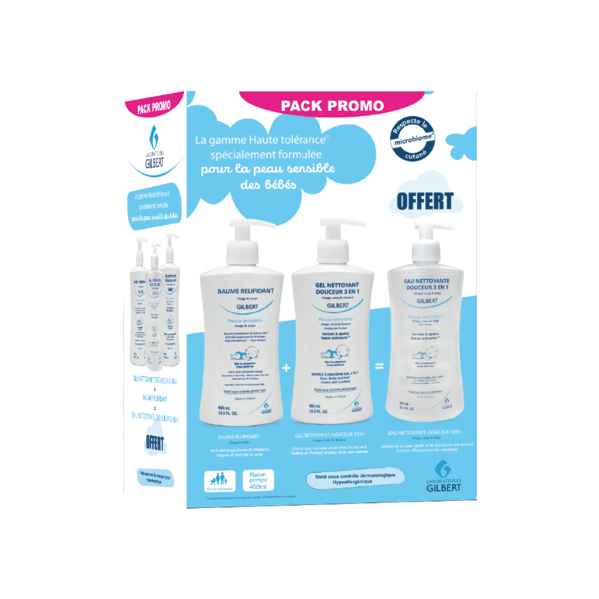 PACK  GEL NETTOYANT - 400 ML+BAUME RELIPIDANT 400 ML= EAU NETTOYANT OFFERT