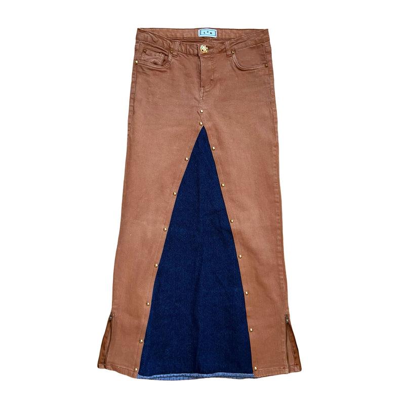 Maxi Denim Skirt in Brown and Blue