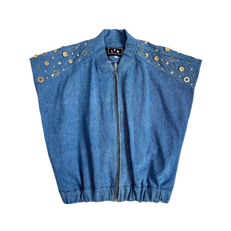 Studded Sleeveless Bomber Jacket in Blue Denim