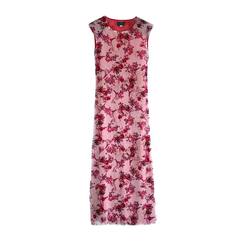 Shoulder Pad Printed Mesh Dress in Red & Pink