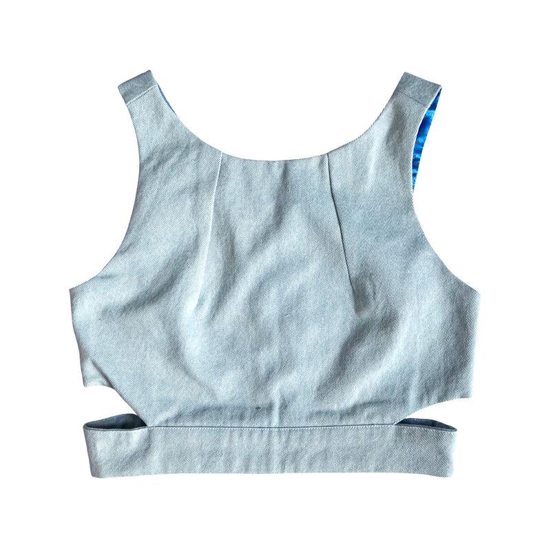 Denim Crop Top with Cut Outs in Washed Blue