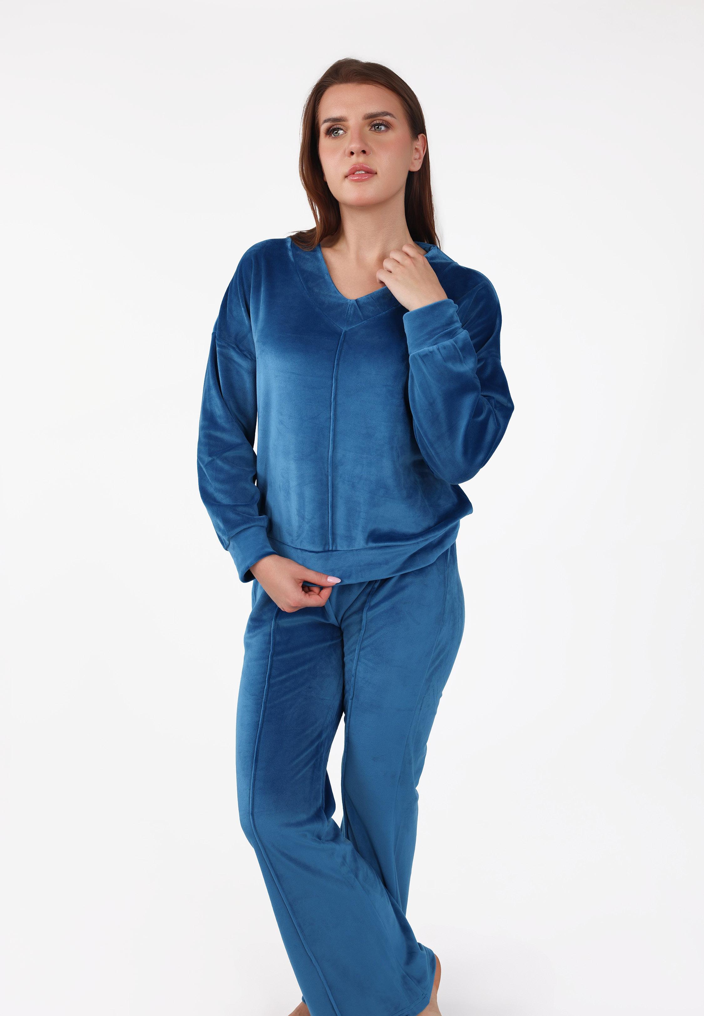Pyjama Col V à Pantalon Evasé | Collection Velvet Bleu