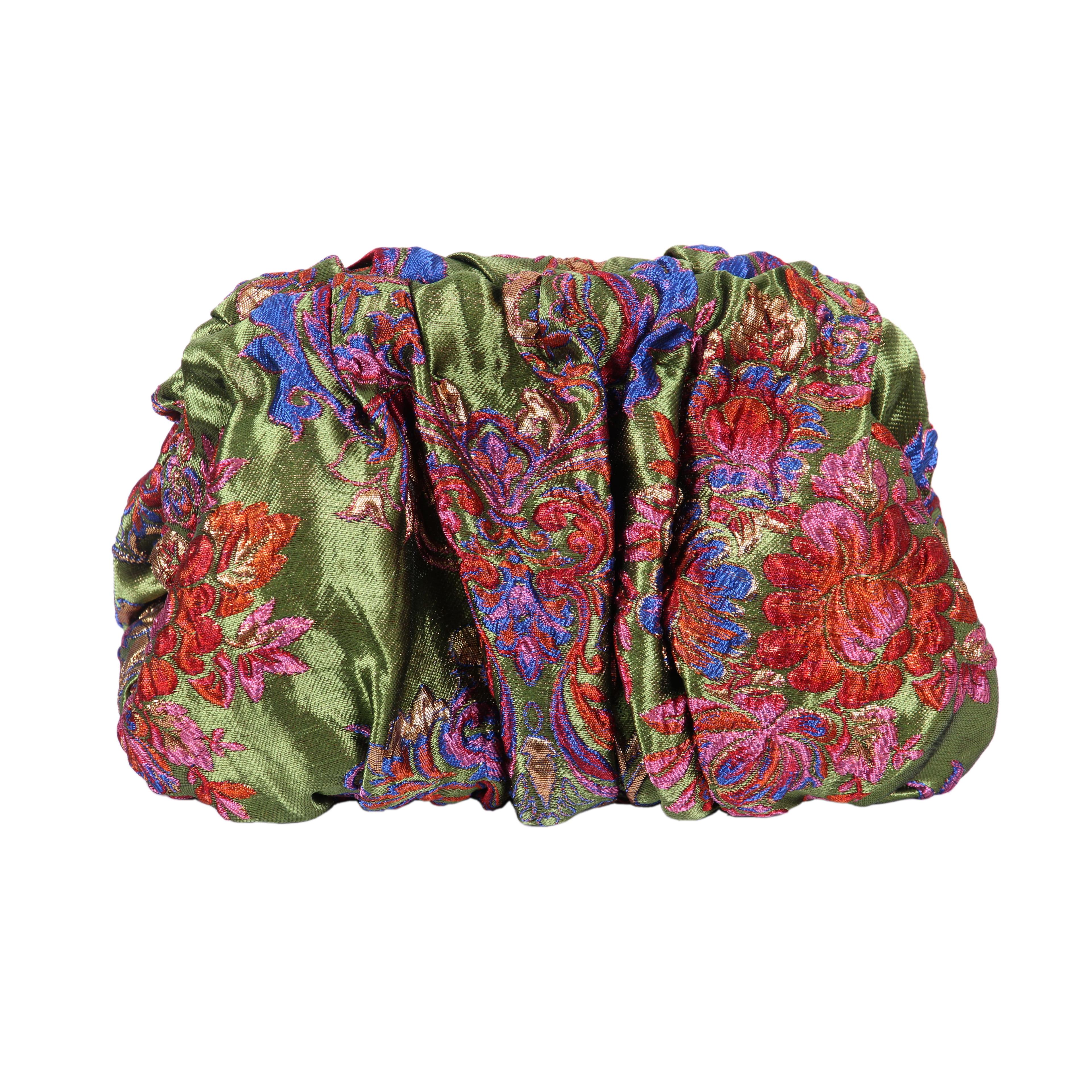 Sac en brocart vert a fleurs bordeaux