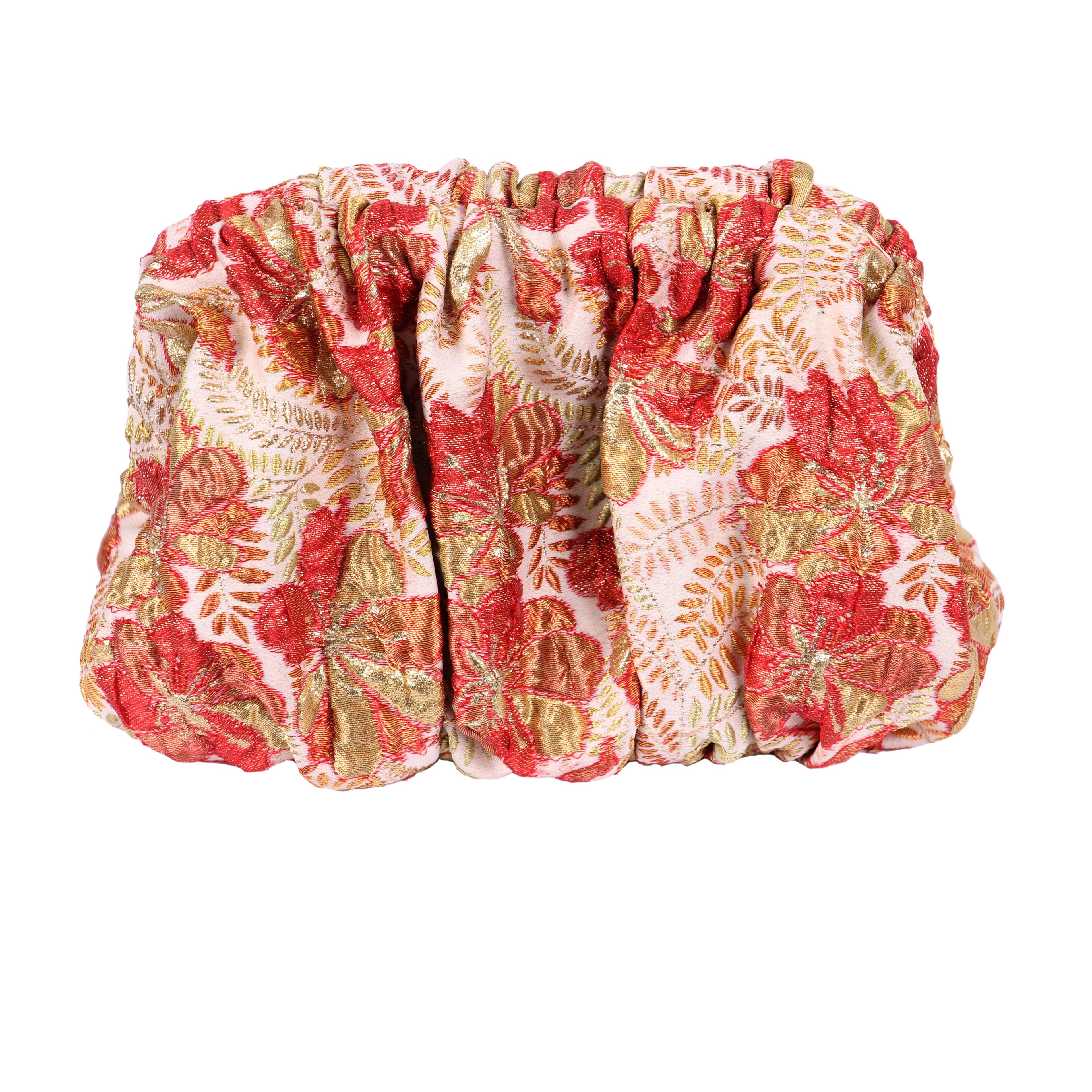 Sac  brocart rose a fleurs bordeaux et dorés 