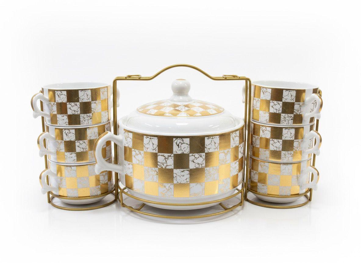 Service à Soupe en Porcelaine avec 6 Bols et Support Doré