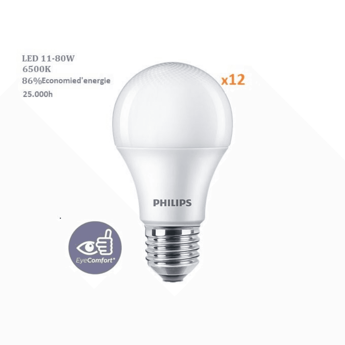 Lot de 12 ampoules Philips LEDBulb 11W douile E27 blanc froid 6500k