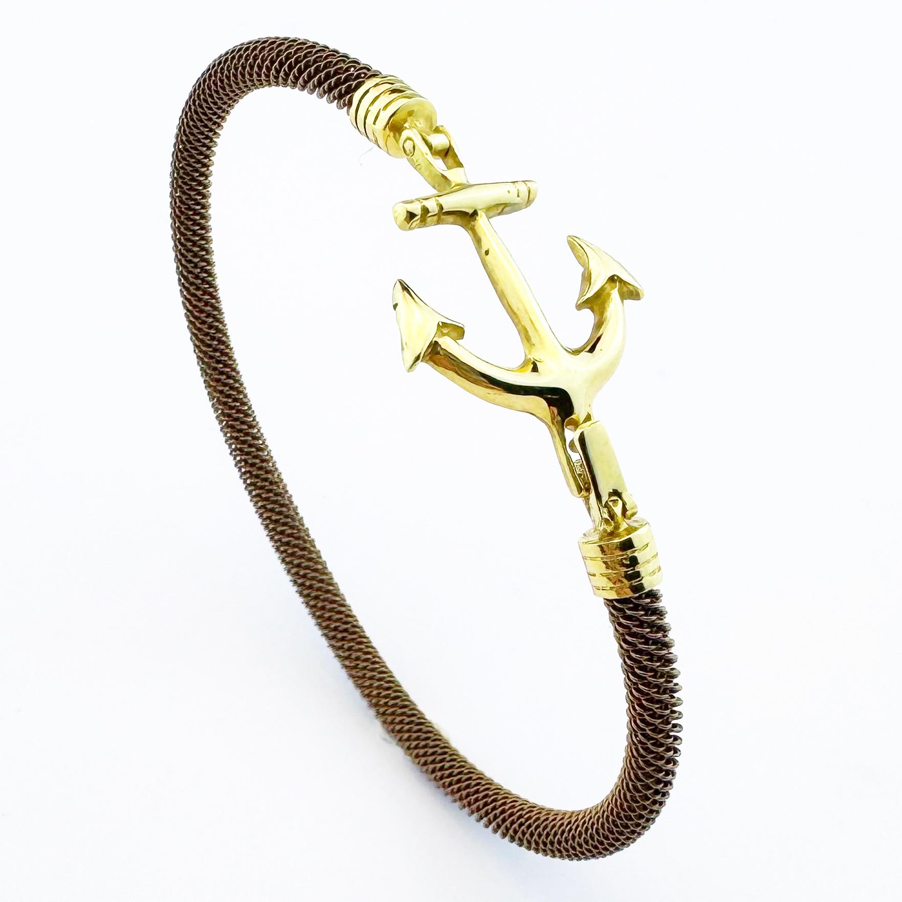 Bracelet Homme Câble en Acier Tressé Brun - Ancre en Or Jaune 18K