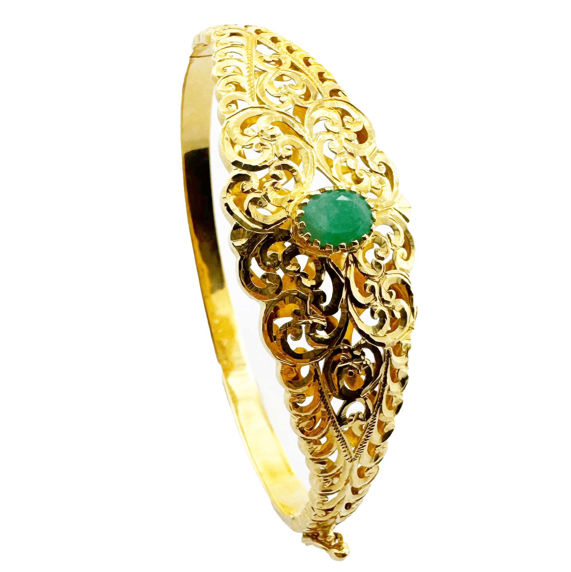 Bracelet Jonc Or Jaune Traditionnel – Design Ajouré, Pierre Verte Centrale, Élégance Orientale.