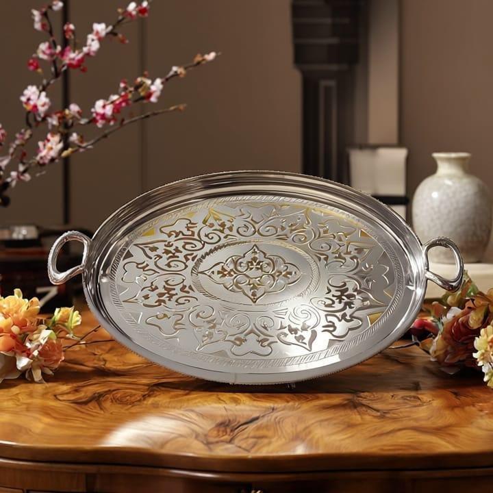 Plateau Gm 65cm/40cmet argenté avec anses à servir ou présentation en inox très haute qualité Argenté et détails doré