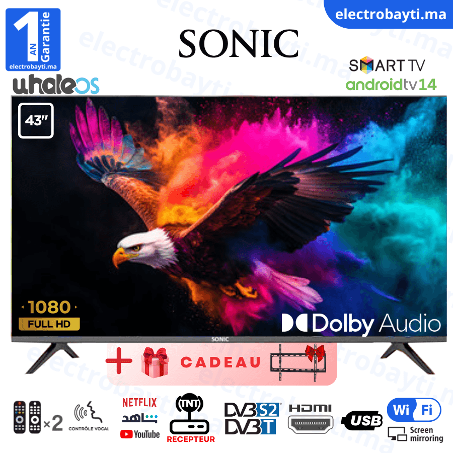 43 Smart tv Full HD Système WhaleOS avec Dolby Audio, Récepteur Intégré, TNT HD