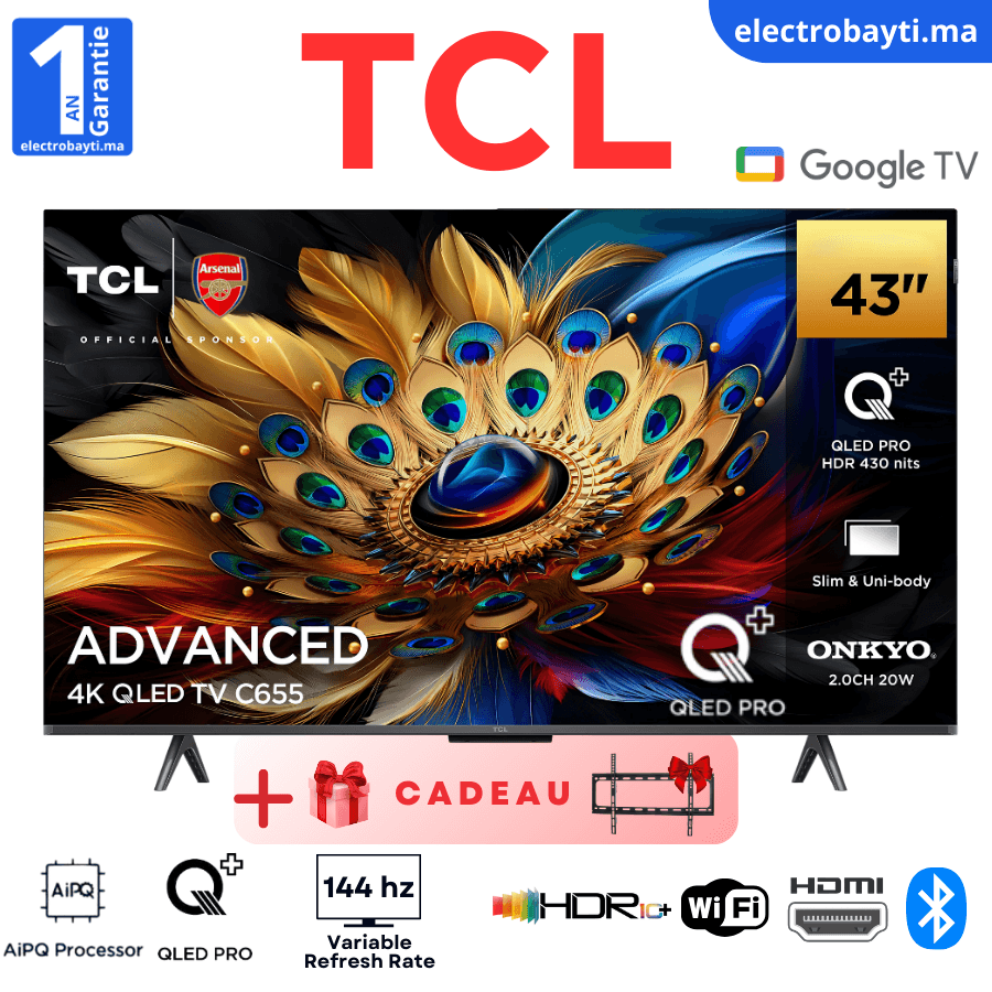TCL - 43 Pouces- GoogleTv – QLED PRO 4K UHD – 144HZ VRR – HDR10 PRO – Dolby Atmos - 43C655
