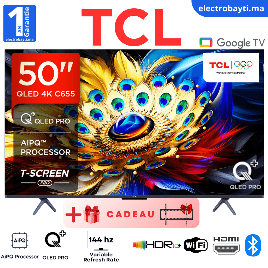 50 Pouces- Google Tv – QLED PRO 4K UHD – 144HZ VRR – HDR10 PRO – Dolby Atmos - 50C655