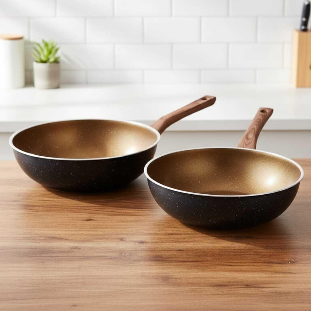 Duo 2 Poêles Wok 2 en 1 -Induction Anti Adhésif granit haute qualité -Tous Feux Diametre 26 cm et 28 cmAvec Poignée en bois -Revêtement Résistant-batterie professionnelle