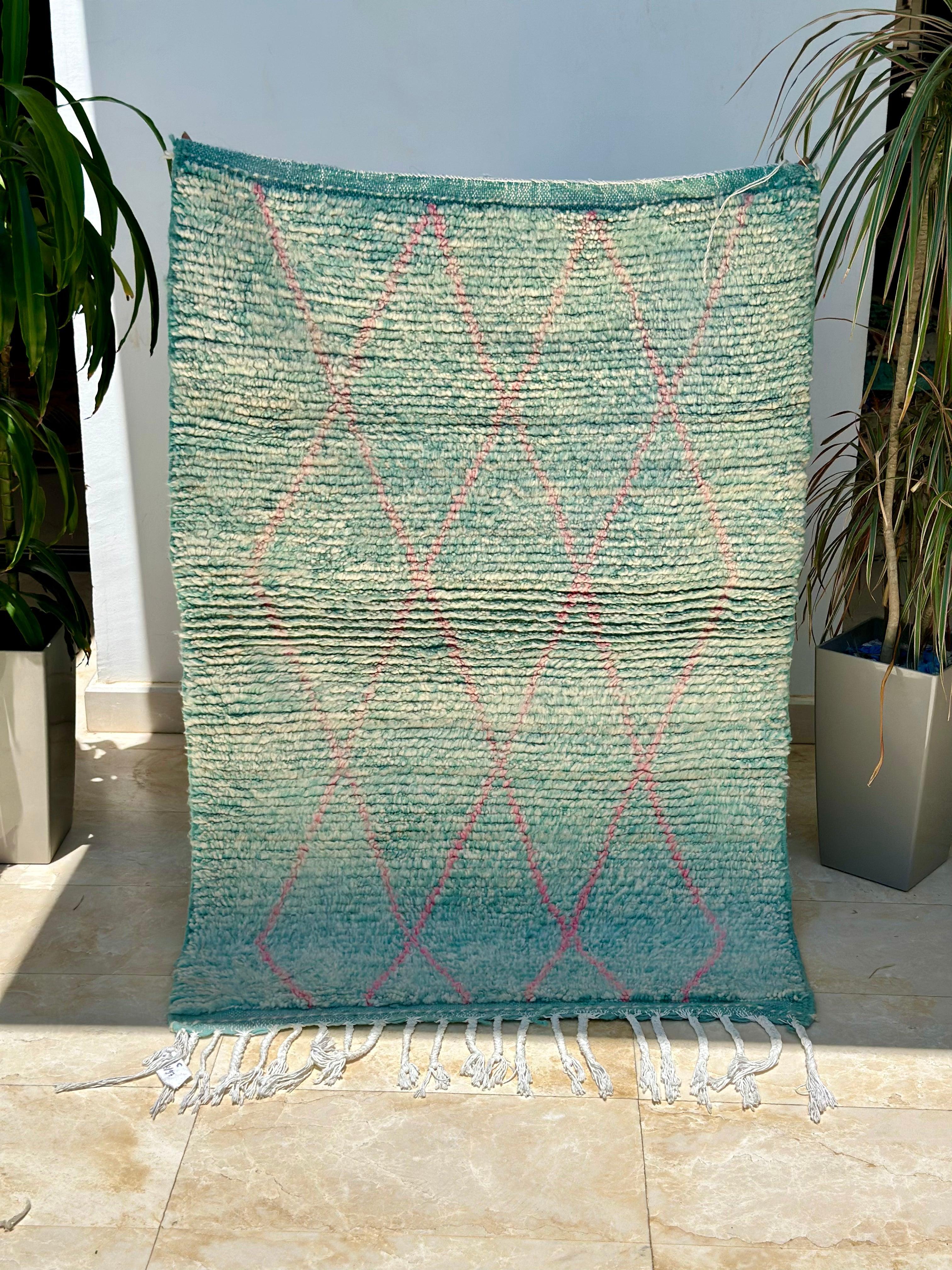 Tapis berbère Beni Ouarain turquoise 100% laine de mouton - 143cm / 97cm