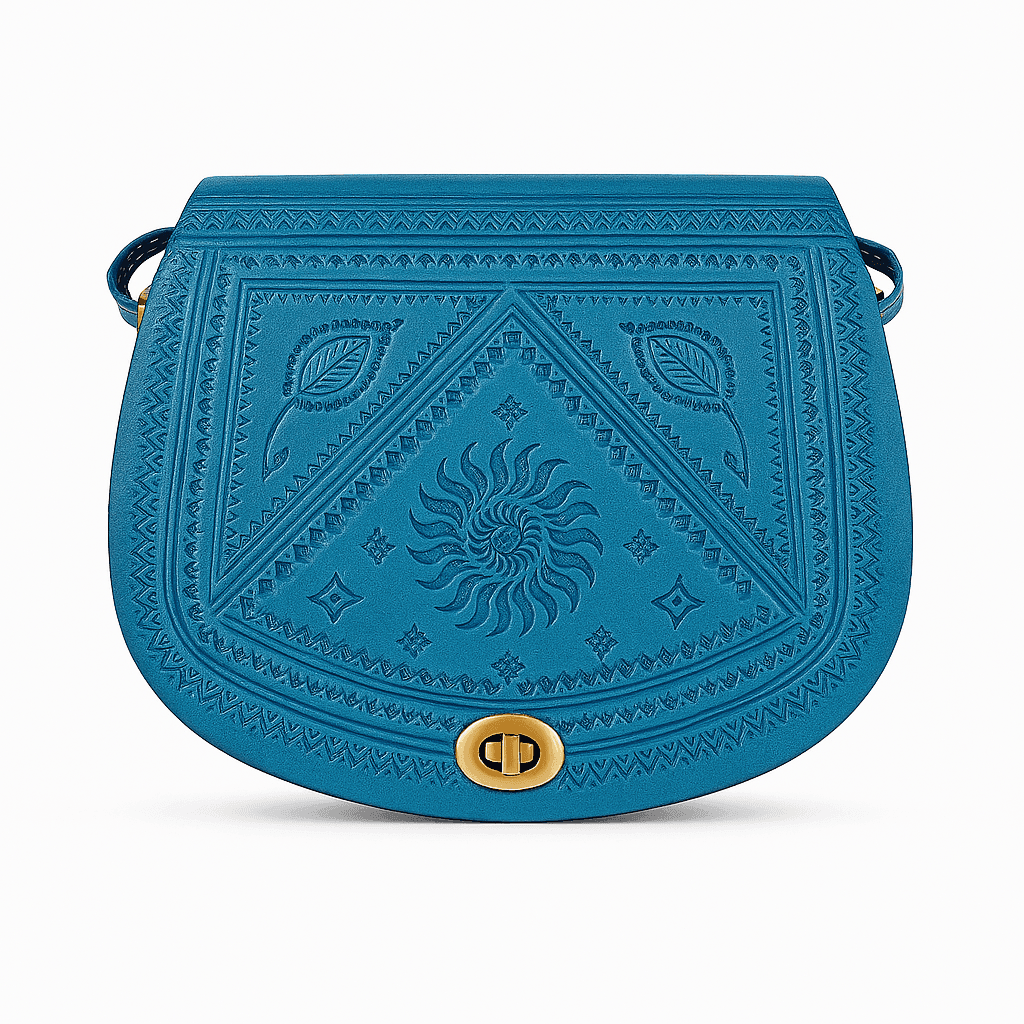 Sac en cuir marocain bleu fait main - Design berbère unique
