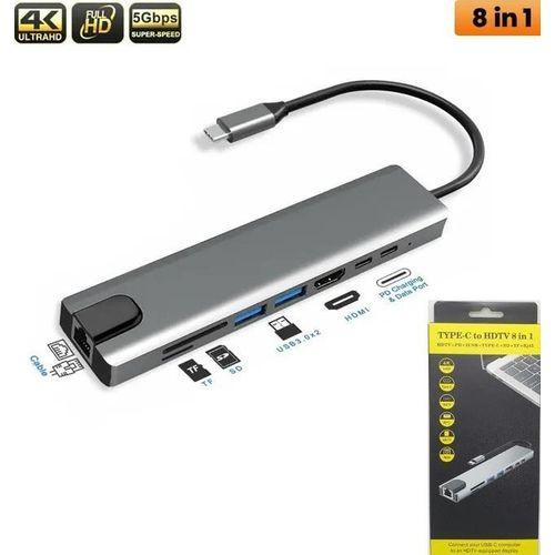 Adaptateur USB C 8 in 1 avec port Ethernet RJ45 4K HD 2 port de charge USB 3.0 +2PD et 2lecteur de cartes SD/TF+Hdmi-Silver