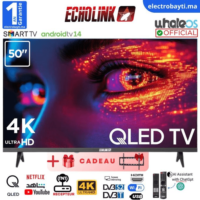 QLED 4K UHD 50" - WhaleOS TV - Android 14 Officiel - Wi-Fi, Bluetooth, DVB-T2/S2 + support
