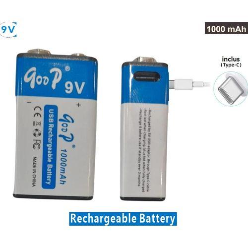Goop Batterie Lithium-Ion Rechargeable USB 9V 1000mAh charge type-c inclus Recharge rapide 1.5h